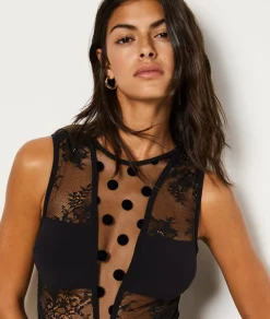 Etam Bodysuit in Tulle and Embroidery BLACK Clearance