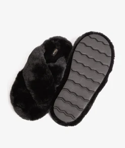 Etam Chaussons mules ouvertes en fourrure NOIR Fashion
