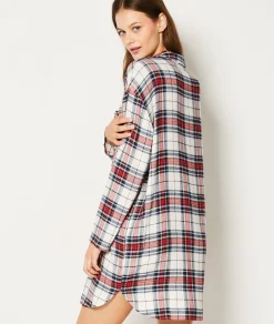 Etam Chemise de nuit courte manches longues à careaux ECRU Shop