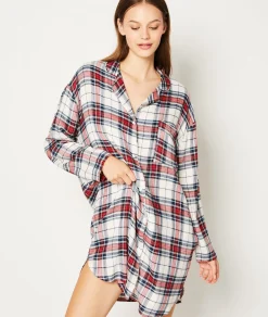 Etam Chemise de nuit courte manches longues à careaux ECRU Shop