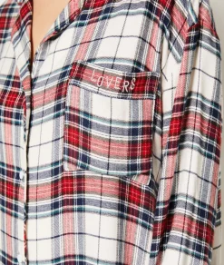 Etam Chemise de nuit courte manches longues à careaux ECRU Shop