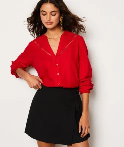 Etam Chemise fluide boutonnée brodée ROUGE Sale