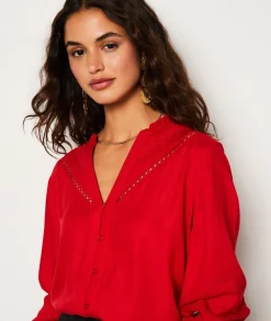 Etam Chemise fluide boutonnée brodée ROUGE Sale