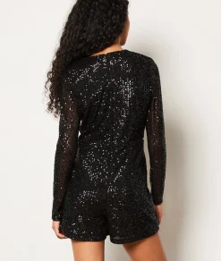 Etam Combishort col V à sequins NOIR Best Sale