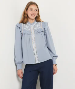 Etam Embroidered Buttoned Shirt SKYBLUE Best Sale