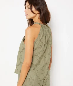 Etam Embroidered Cotton American Neckline Camisole KHAKI Outlet