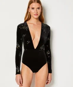 Etam Embroidered Velvet Bodysuit BLACK Hot