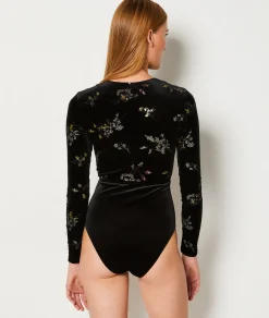 Etam Embroidered Velvet Bodysuit BLACK Hot
