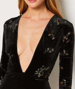 Etam Embroidered Velvet Bodysuit BLACK Hot
