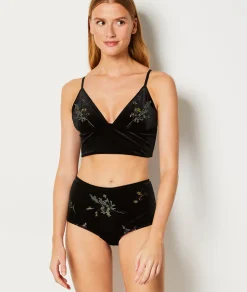 Etam Embroidered Velvet Wireless Bralette BLACK Best