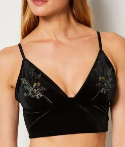 Etam Embroidered Velvet Wireless Bralette BLACK Best