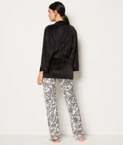 Etam Ensemble pyjama 3 pièces déshabillé en polaire et satin NOIR Cheap