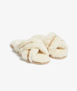 Etam Fur Mules Slippers ECRU Clearance