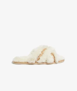 Etam Fur Mules Slippers ECRU Clearance