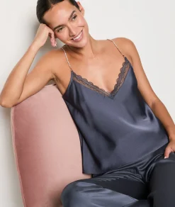 Etam Glitter Camisole with Thin Straps and Lace Neckline ANTHRACITE Store