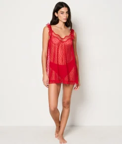Etam Heart Polka Dot Sheer Lace Nightdress RED New