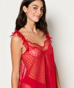 Etam Heart Polka Dot Sheer Lace Nightdress RED New