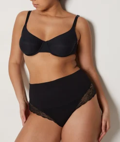 Etam High Waist Thong With Lace Details- Medium Control BLACK Hot