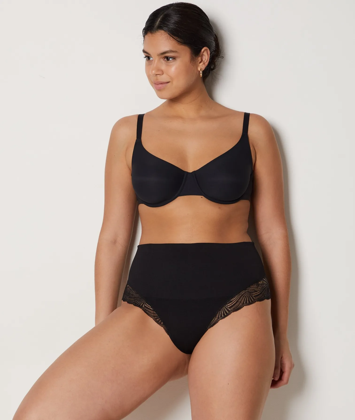 Etam High Waist Thong With Lace Details- Medium Control BLACK Hot