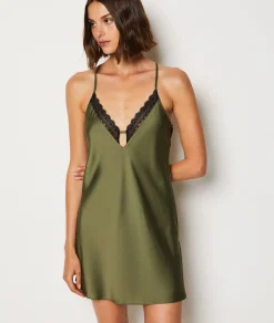 Etam Lace neckline nightdress with criss-cross back KHAKI Flash Sale