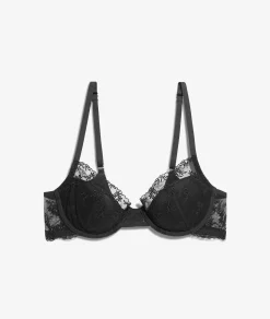 Etam Lightly Lined Demi Bra with Embroidery BLACK New