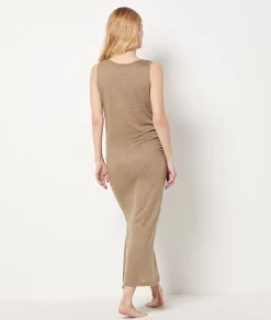 Etam Long dress with slit, 100% linen. KHAKI Flash Sale