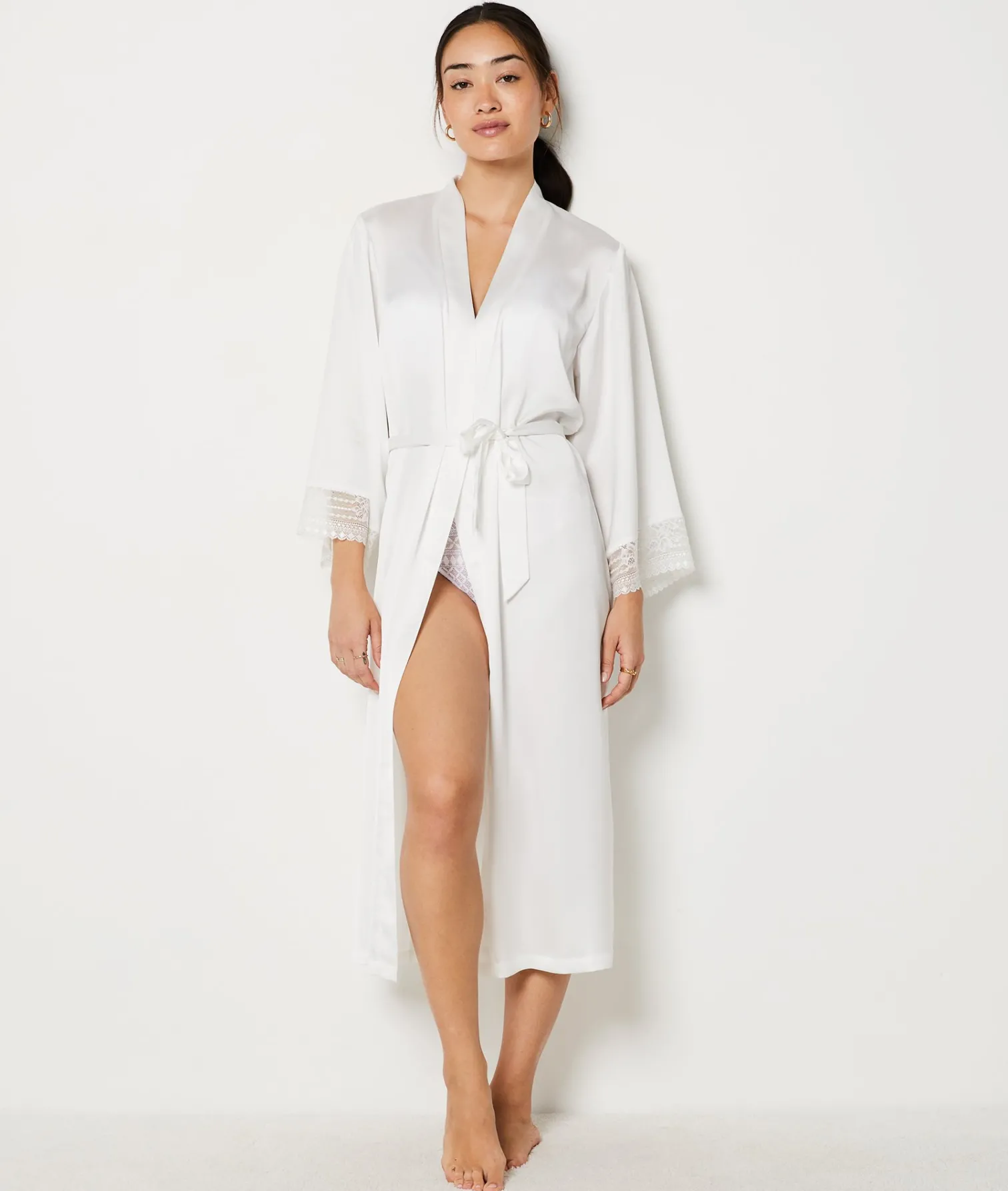 Etam Long Robe with Lace Details WHITE New