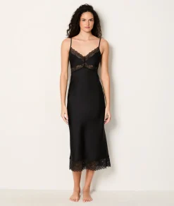 Etam Long Satin Nightdress With Lace Details NOIR Best Sale