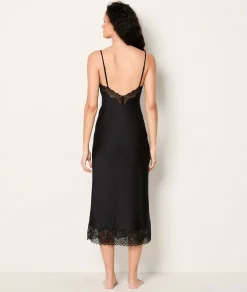 Etam Long Satin Nightdress With Lace Details NOIR Best Sale