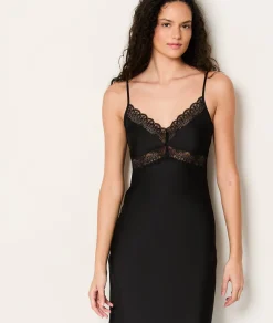 Etam Long Satin Nightdress With Lace Details NOIR Best Sale