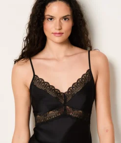 Etam Long Satin Nightdress With Lace Details NOIR Best Sale
