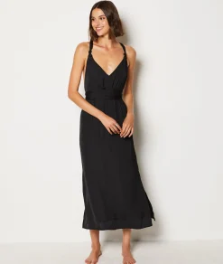 Etam Long Satin Nightdress with Tie Belt BLACK Fashion