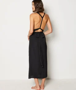 Etam Long Satin Nightdress with Tie Belt BLACK Fashion