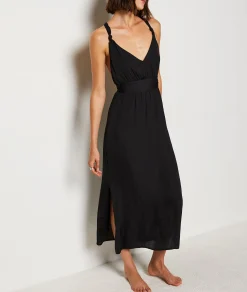 Etam Long Satin Nightdress with Tie Belt BLACK Fashion