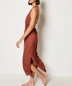 Etam Long Satin Nightdress with Tie Belt Brown Best