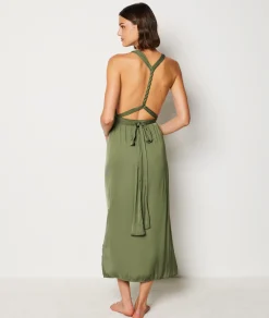 Etam Long Satin Nightdress with Tie Belt KHAKI Fashion