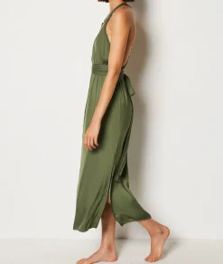 Etam Long Satin Nightdress with Tie Belt KHAKI Fashion