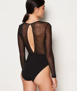 Etam Long-sleeved bodysuit in tulle and rhinestones BLACK Best Sale