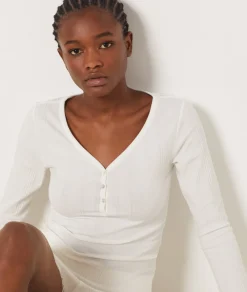 Etam Long-sleeved T-shirt in Richelieu ribbed knit WHITE Cheap