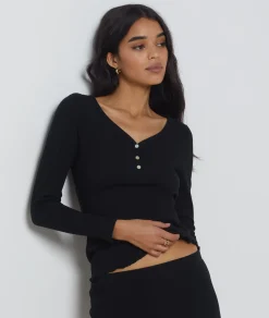 Etam Long-sleeved T-shirt in Richelieu ribbed knit BLACK Fashion