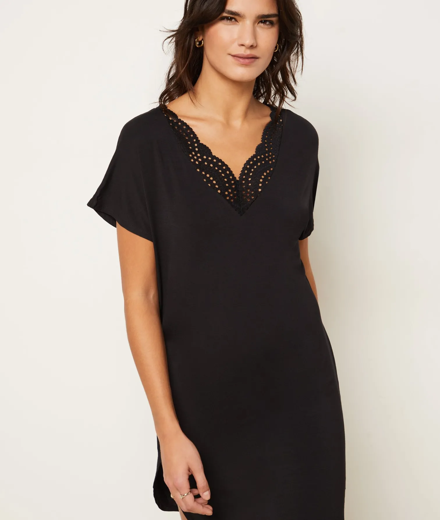 Etam Modal Lace Neckline Nightdress NOIR Hot