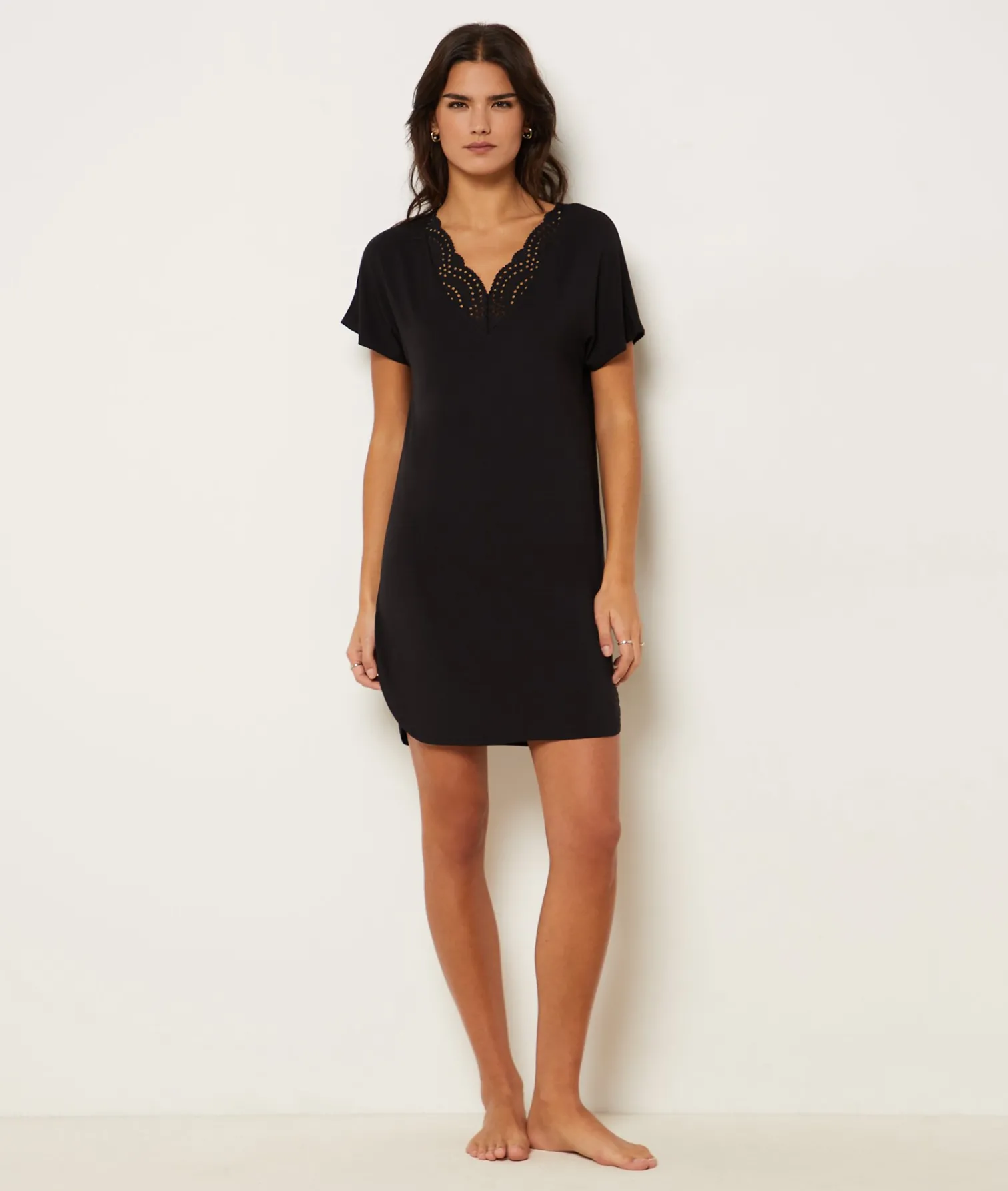 Etam Modal Lace Neckline Nightdress NOIR Hot