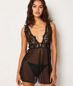 Etam Nuisette courte transparente décolleté dentelle NOIR Cheap