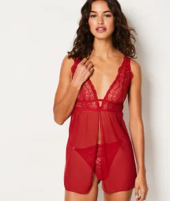 Etam Nuisette courte transparente décolleté dentelle ROUGE Cheap