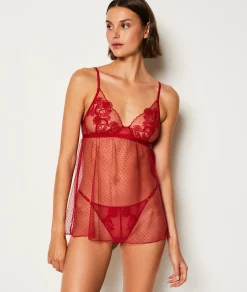 Etam Nuisette courte transparente détails dentelle ROUGE Shop