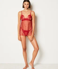 Etam Nuisette courte transparente détails dentelle ROUGE Shop