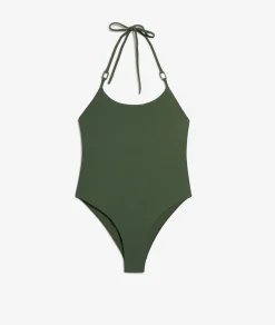 Etam One-Piece Swimsuit with Halter Neck and Ring Details GREEN New