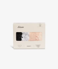 Etam 3-Pack of Organic Cotton & Lace Shorties MULTI-COLOUR Cheap