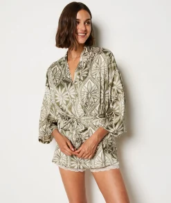 Etam Patterned Short Satin Robe GREENBACKGROUNDPRINT Best Sale