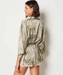 Etam Patterned Short Satin Robe GREENBACKGROUNDPRINT Best Sale